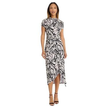 Imagem de Donna Morgan Vestido feminino midi com estampa de folhas tropicais com mangas cavadas, cintura franzida e bainha assimétrica, Preto/bronze, 48