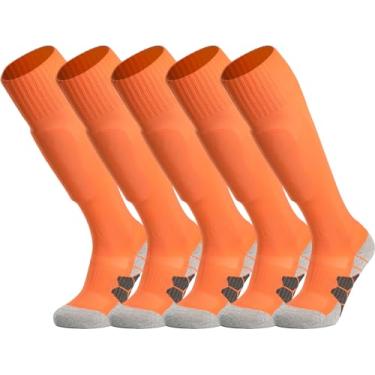 Imagem de APTESOL Meias de futebol juvenis crianças cano alto time esporte almofada meia feminina masculina tubo longo algodão meias de compressão atlética 5 pares laranja-A, médio