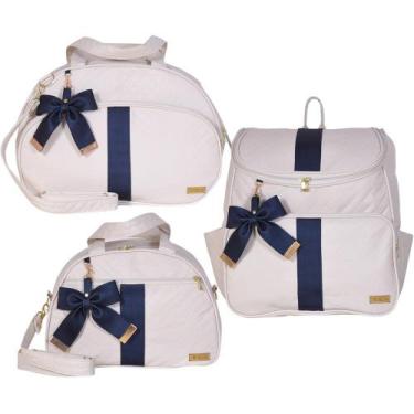 Imagem de Kit Bolsa Maternidade Laço Luxo Off White e Marinho 3 Peças - Decalta