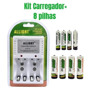 Imagem de Kit 8 Pilhas Recarregáveis Carregador Rápido Bivolt AA / AAA - ALLIGHT