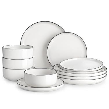 Imagem de MALACASA Conjunto de pratos e tigelas, conjunto de 12 peças de louça de porcelana moderno para 4 utensílios de jantar de cozinha branca com borda preta, louças de cerâmica para micro-ondas e