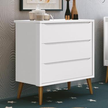 Imagem de Cômoda Infantil 3 Gavetas Theo Retrô com Pés Amadeirado - Reller Móveis Branco Fosco