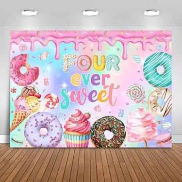Imagem de Fitumiw Pano de fundo Donut 4º aniversário 2,4 x 1,8 m Four Ever Sweet Donut decoração de festa de aniversário para meninas Happy 4th Bday Cake Table Banner Photo Booth Adereços