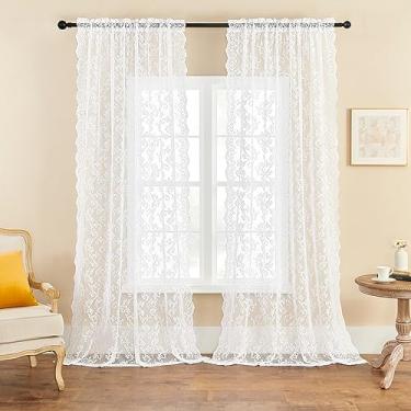 Imagem de Cortinas de renda branca de 250 cm de comprimento, 2 painéis, florais, transparentes, para sala de estar, quarto, bolso de haste, filtro de luz, neutro, grande, janela, decoração de privacidade, para