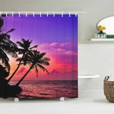 Imagem de Cortina de chuveiro de tecido Sunlight Ocean Beach Cortinas de banheiro Sunset Dusk Sea Tamanho grande 300x180CM Tela de banho com 12 ganchos, 5011ZW, L210xA180cm