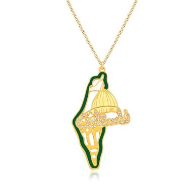 Imagem de Zircobic Colar com pingente de mapa de ouro com contorno verde – Joias culturais com arquitetura de cúpula, design árabe do Oriente Médio para homens e mulheres, One Size, Aço inoxidável, Zircônia
