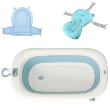 Imagem de Kit Banheira Dobrável Almofada Rede Termômetro Banho Bebê Recém Nascid