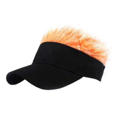 Imagem de Viseira masculina com cabelo falso chapéu viseira para homens chapéus de sol engraçados novidade bonés de peruca de beisebol com cabelo espetado, preto + laranja