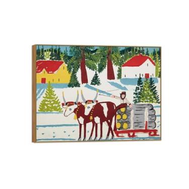 Imagem de Maud Lewis Famosa Pintura-Impressões em Tela Reprodução-Quadro Sala de Estar(Oxen Hauling Logs) 30x40cm-12x16in Moldura de Wooden