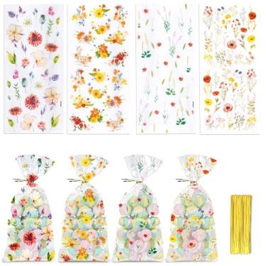 Imagem de ALIBBON 100 unidades de sacos de guloseimas de celofane para festa de flores silvestres 3 designs de plástico floral para biscoitos doces transparentes com 100 laços torcidos para chá de bebê, chá de