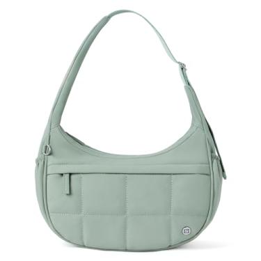 Imagem de POIUGOYA Bolsa de ombro de nylon para mulheres, pequena bolsa crescente acolchoada, bolso com zíper triplo, mini bolsa fofa para viagem/fitness/atividades ao ar livre, Verde claro, Casual