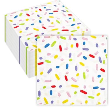Imagem de 50 guardanapos de papel coloridos, guardanapos descartáveis de padrão colorido arco-íris listrado pontos xadrez festa para chá de bebê, casamento, aniversário, formatura, piquenique, decoração de