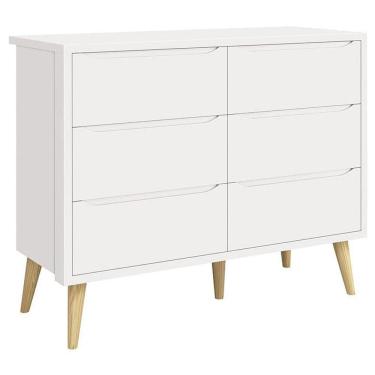 Imagem de Cômoda Infantil 6 Gavetas Retrô Theo Branco Acetinado Com Pés Natural - Reller