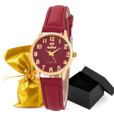 Imagem de Relógio Eura Dourado Feminino Pulseira de Couro Embalagem Presente, Bo