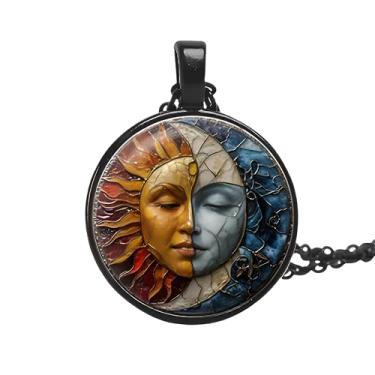 Imagem de 1 colar com pingente redondo deslumbrante - padrão exclusivo de sol e lua, mosaico de vidro estilo pintura a óleo, estrutura de liga, corrente de suéter moderno, presente moderno para mulheres