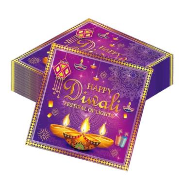 Imagem de 50 peças de decoração de festa Happy Diwali, guardanapos descartáveis de ouro roxo para decoração de casa, velas de fogos de artifício tema festival de luzes para decoração de festas suprimentos