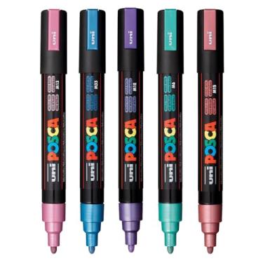 Imagem de posca Marcadores de pintura de arte, conjunto de 5 marcadores médios 5M com pontas reversíveis, coleção metálica