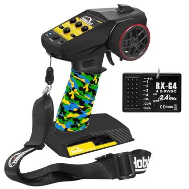 Imagem de Hobby Fans RC Radio System 4CH 2.4G RC Transmitter with Receiver and Lanyard & Sweat Absorbed Non-Slip Band Anti-Jamming Remote Controller for 1/10 1/12 1/14 1/16 1/18 1/24 RC Car Crawler Boat, Yellow