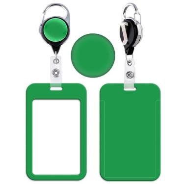 Imagem de BKBKAAK Porta-crachá retrátil verde com clipe mosquetão, suporte de cartão de identificação de plástico durável para trabalho, escola, eventos, conferências - clipe retrátil - fácil acesso