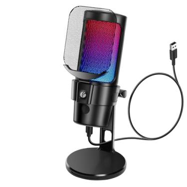Imagem de Microfone dinâmico para gravação de podcast, microfone de streaming de jogos de computador para PC com luz RGB, botão mudo, conector para fones de ouvido, suporte de mesa, microfone vocal para cantar
