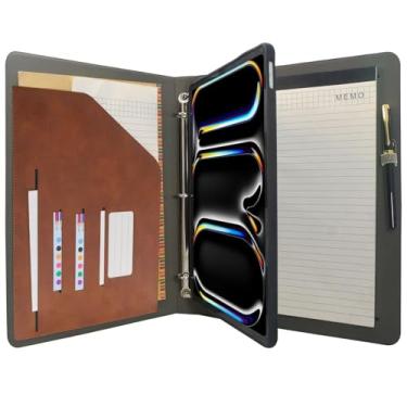 Imagem de Capa organizadora para tablet com fichário de 3 anéis, pasta de arquivo com suporte removível para tablet, compatível com iPad Pro de 13 polegadas (marrom)