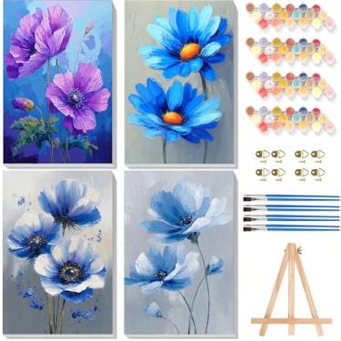 Imagem de Pacote com 4 tintas por números para adultos com tela emoldurada - com cavalete de madeira, tinta de flor fácil por número para iniciantes, pintura a óleo acrílica de flores em tela com pincéis para
