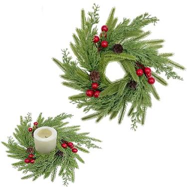 Imagem de Anel de vela de pinheiro artificial de Natal com guirlanda de frutas vermelhas, pinhas e pinhas, enfeite de mini grinalda para decoração de mesa de Natal, festas de casamento, mesa central, pilares