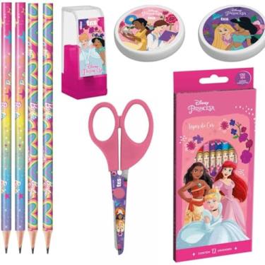 Imagem de Kit Escolar Infantil com Lapis, Borracha, Apontador, Lapis de Cor e Tesoura Personagem Pr