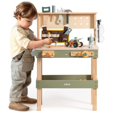 Imagem de Bancada Educativa Infantil ROBUD em Madeira com Cinto de Ferramentas, Óculos e Acessórios para Montagem Criativa - Ideal para Crianças de 3