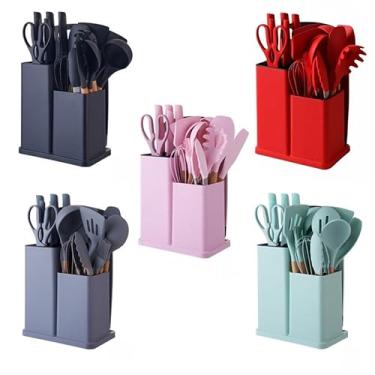 Imagem de Conjunto De Utensílios De Silicone Com Cabo De Madeira E Kit De Facas Com Tábua – 19 Peças(Aleatorio)