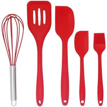 Imagem de Genérico Kit 5 Utensílios de Cozinha em Silicone Grau Alimentício, Espátulas Resistentes ao Calor 230°C, Lavável na Lava-Louças, Manual (Vermelho)