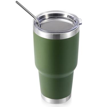 Imagem de Volhoply Caneca isolante de 900 ml com tampa e canudo, caneca de café de viagem de parede dupla para bebidas quentes/frias, cabe no porta-copos de carro, sem BPA (verde-oliva, 1