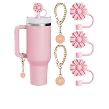 Imagem de Conjunto de 5 peças compatíveis com acessórios Stanley Cup, 3 topos de canudo compatíveis com capa Stanley de 9 a 10 mm, 2 lindos pingentes de flores para copo com alça (rosa)