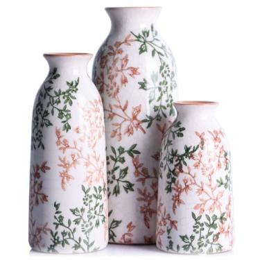 Imagem de Conjunto de 3 vasos redondos vintage verde e branco marrom, vaso floral verde de porcelana chinoiserie, vasos de flores de cerâmica moderna de meados do século para buquê e casa rústica decoração de