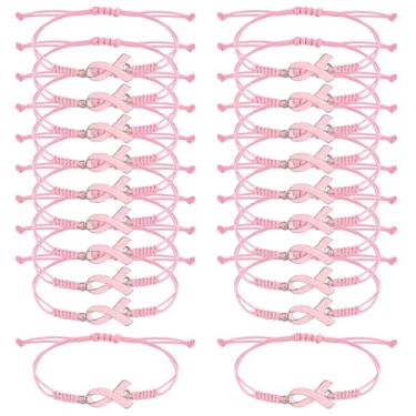 Imagem de 20 pulseiras de conscientização do seio, pulseiras trançadas de fita rosa com cordão ajustável, acessórios inspiradores para lembrancinhas de festa de caridade suprimentos para eventos de bem-estar