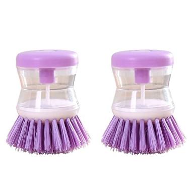 Imagem de 2 peças de escova de louça, ferramenta de limpeza conveniente, acessórios de cozinha, dispensador de sabonete, detergente para economia de mão de obra (roxo)