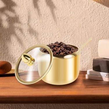 Imagem de Recipiente de açúcar de aço inoxidável 304 com tampa de vidro transparente e colher, açucareiro dourado, 293 ml, seguro para lava-louças, caixa de temperos, pote multifuncional de condimentos para