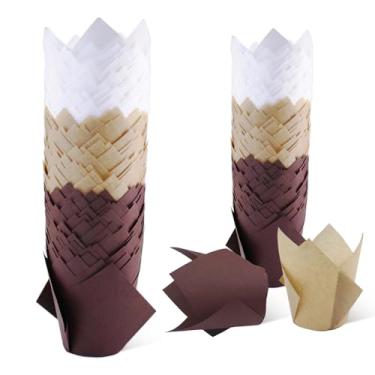 Imagem de 150 peças de forros de cupcake de tulipa – copos de papel para muffin, suportes de embrulho à prova de gordura para aniversário, casamento, festa, chás de bebê, catering, restaurantes (marrom, branco