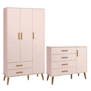 Imagem de Jogo De Quarto Infantil Isis Guarda Roupa 3 Portas E Cômoda 1 Porta Rosa - Reller Móveis Rosa