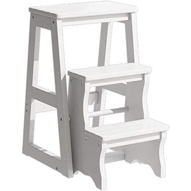 Imagem de Escada dobrável, banqueta dobrável, telescópica, portátil, dobrável, toda em madeira maciça, cadeira de escada multifuncional, banco de dupla finalidade, escada de madeira (branco (3 camadas))