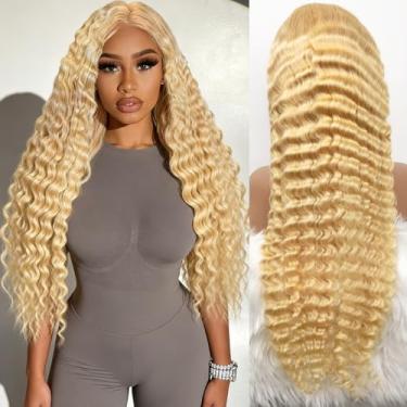 Imagem de Grcabeir Peruca frontal de renda 613 x 15 cm de cabelo humano loiro de 86 cm cabelo humano 613 Deep Wave HD Lace Front Wigs 180% densidade pré-arrancada com cabelo de bebê para mulheres