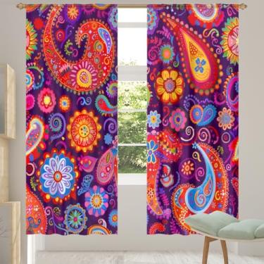 Imagem de 2 conjuntos de painéis étnicos Paisley roxo colorido cortinas transparentes arejadas com filtro leve painéis de cortina leve cortina de porta janela para sala de estar, quarto, jantar, 192 cm de