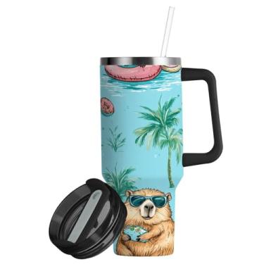 Imagem de ATTX Copo de capivara fofo de 850 g com alça, copo de aço inoxidável a vácuo de parede dupla com palha, caneca de café de viagem isolada #840