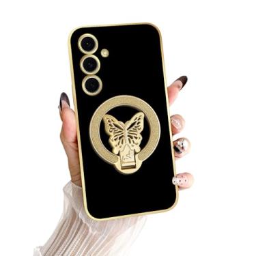 Imagem de nancheng Capa para Samsung Galaxy S24 FE com suporte de borboleta com glitter para mulheres, meninas, homens, capa protetora à prova de choque de TPU macio, preta