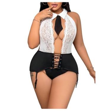 Imagem de WDIRARA Conjunto de lingerie sexy feminino plus size Tartan School Girl Bralette e saia, Preto, branco, 4X-Large Plus