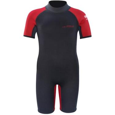 Imagem de Dark Lightning Roupa de mergulho infantil de 3/2 mm para meninos e meninas, roupa de banho térmica de neoprene, roupa de mergulho para bebês/júniores/jovens (tamanho infantil 16, curto-vermelho)