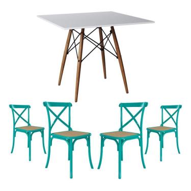 Imagem de Conjunto De Mesa Eiffel Quadrado Tampo De Madeira 90Cm Branco Com 4 Cadeiras Katrina Azul Turquesa