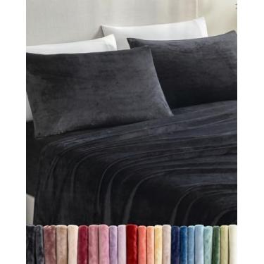 Imagem de Jogo de lençol Queen Size de flanela de veludo com 4 peças - Roupa de cama de lã super macia - 1 lençol de cima e 1 elástico e 2 fronhas - aconchegante, confortável e felpudo - bolsos profundos