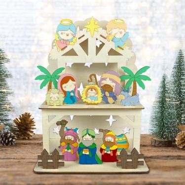 Imagem de Cinrobiye Kit de artesanato de madeira para presépio DIY 3D de madeira religiosa casa de Jesus para colorir casa de natividade cristã artesanato para sala de aula, atividades artísticas, Natal