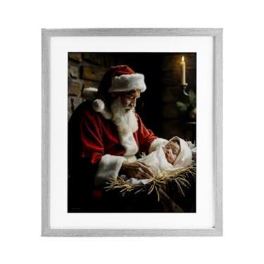 Imagem de Stupell Industries "Papai Noel e bebê Jesus", impressão emoldurada sob vidro, cinza, 13 x 16